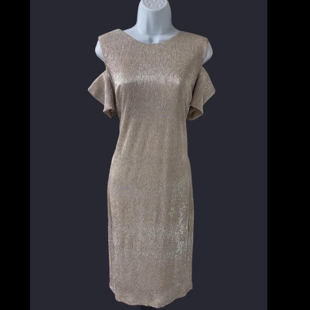 Calvin Klein Shimmering Rose Gold Cold Shoulder Midi Dress